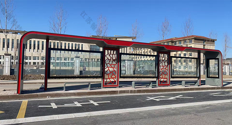 石河子红色定制款公交站候车亭安装实景案例